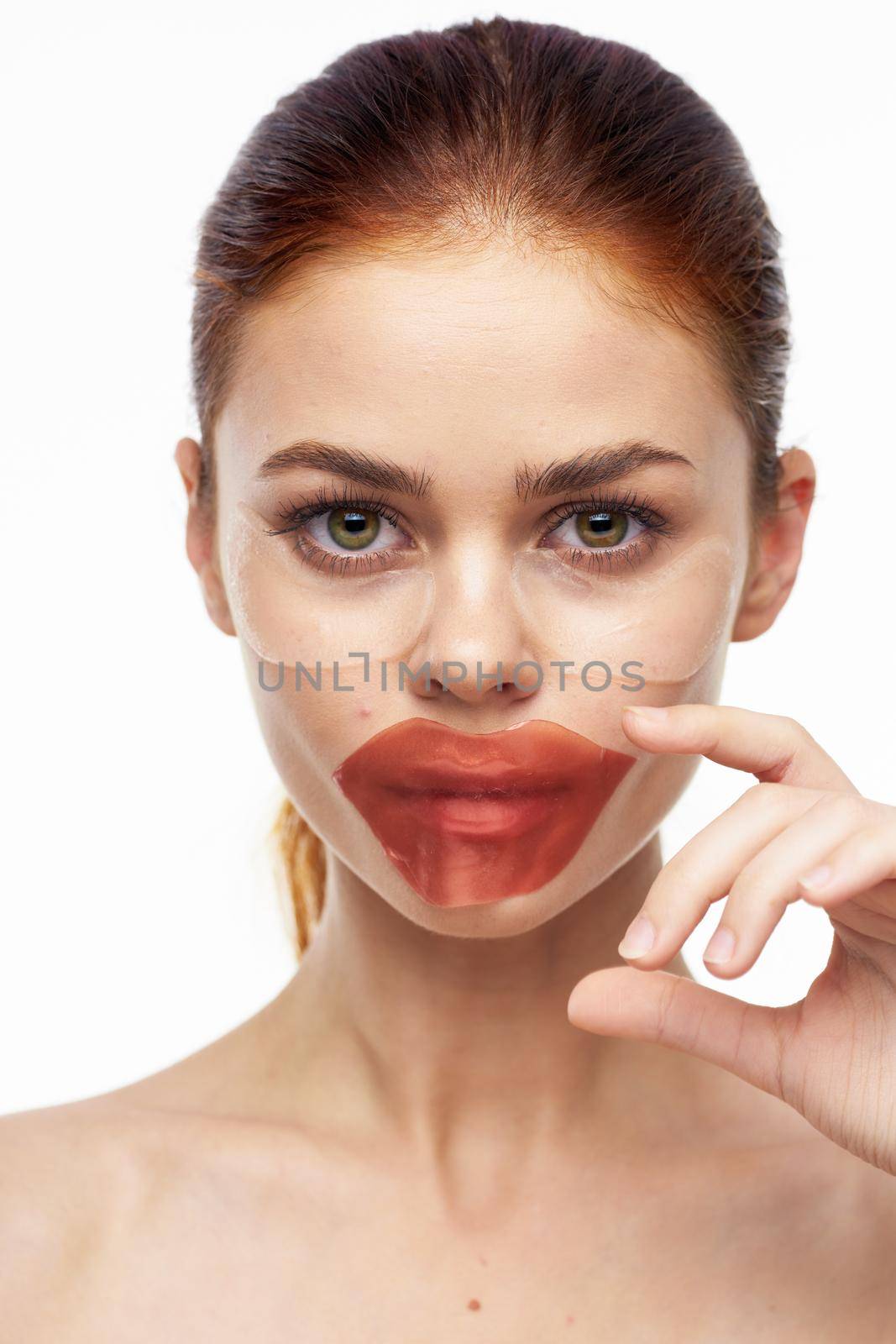 pretty woman naked shoulders lip mask skin care. High quality photo
