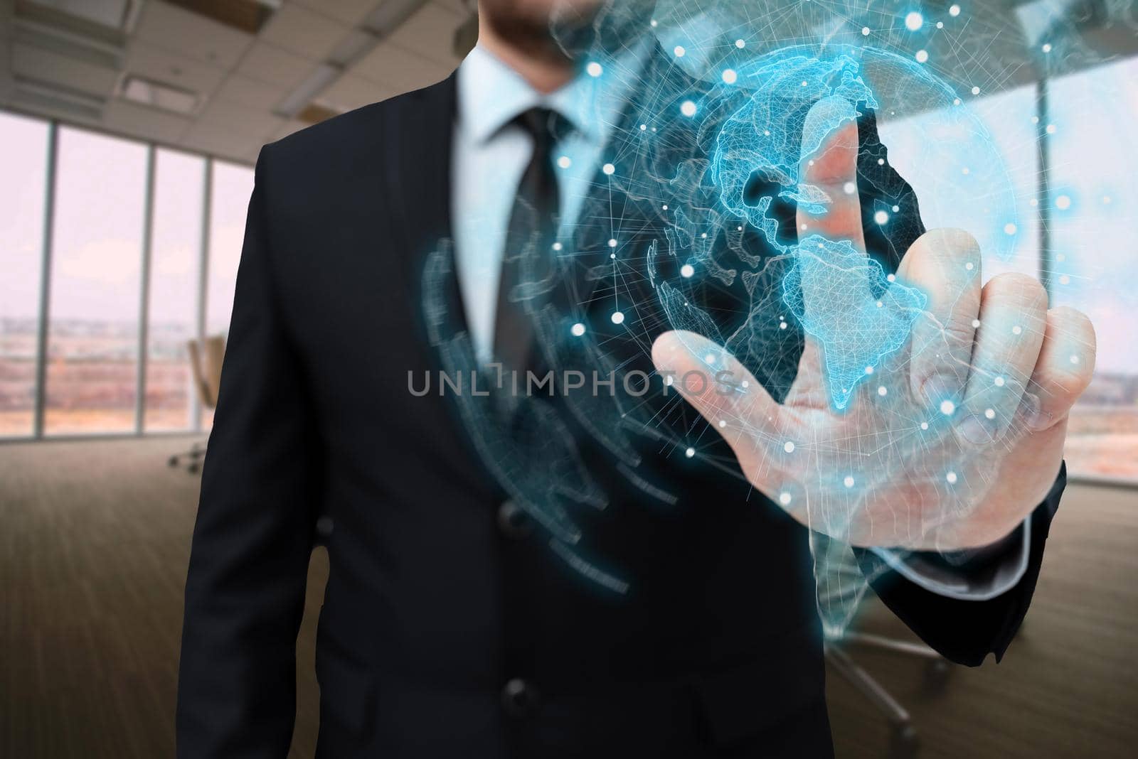 Man In Office Uniform Standing Pressing Virtual Button With Finger Holding Tablet. Gentleman In Business Attire Carrying Tab Pointing New Futuristic Technology. by nialowwa