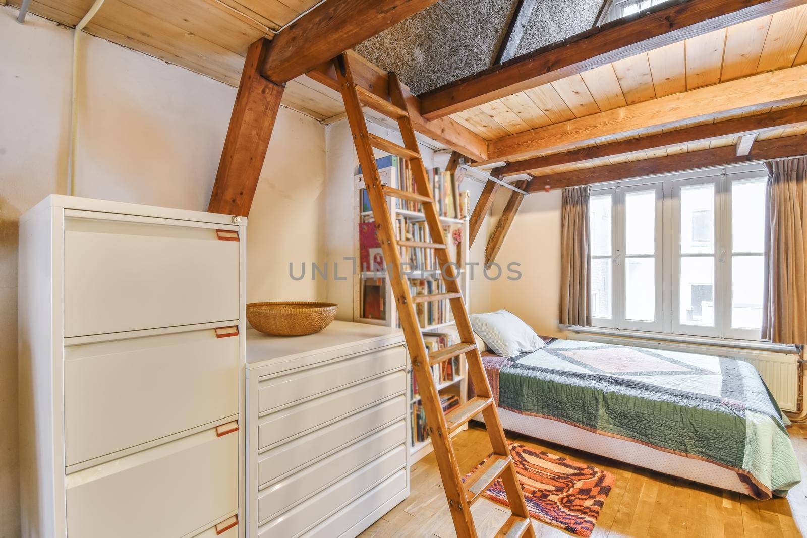 Cozy and extraordinary style of a bedroom with a double bed