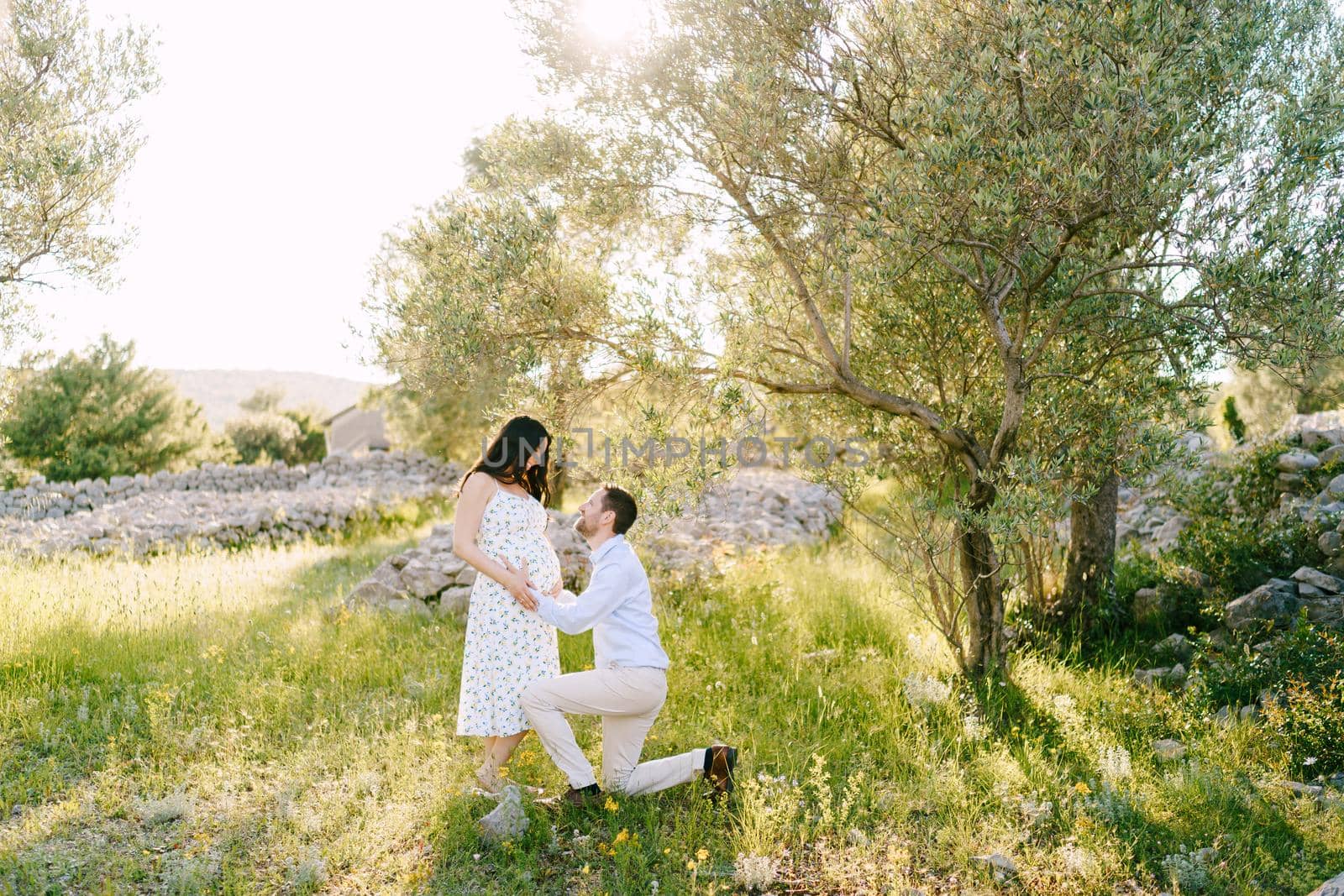 Man put his hands on the belly of a pregnant woman while kneeling in the park. High quality photo