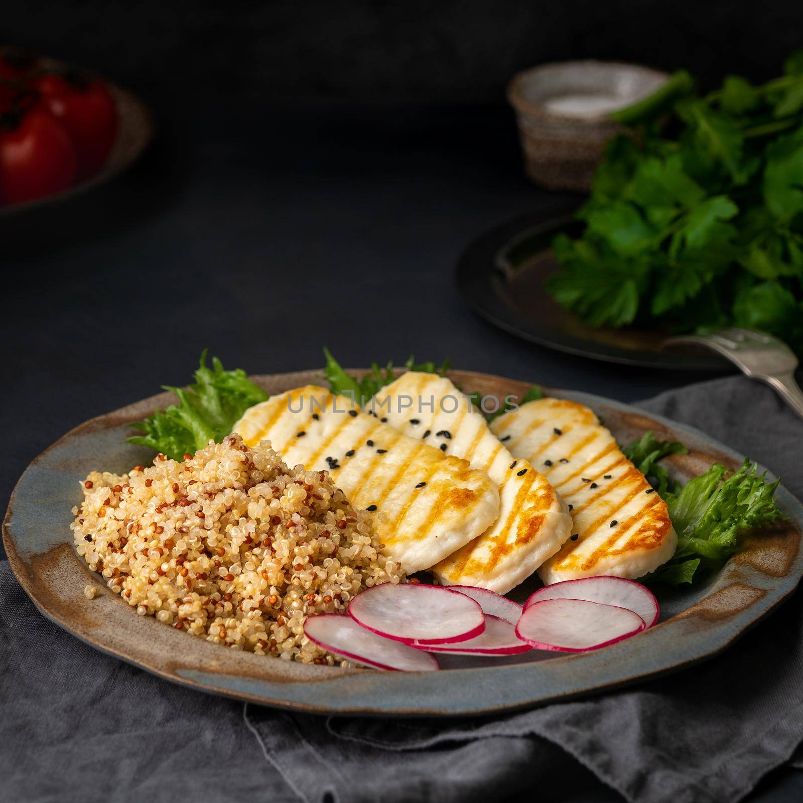 Halloumi, grilled cheese with quinoa, salad, radish. Balanced diet on dark background, side view