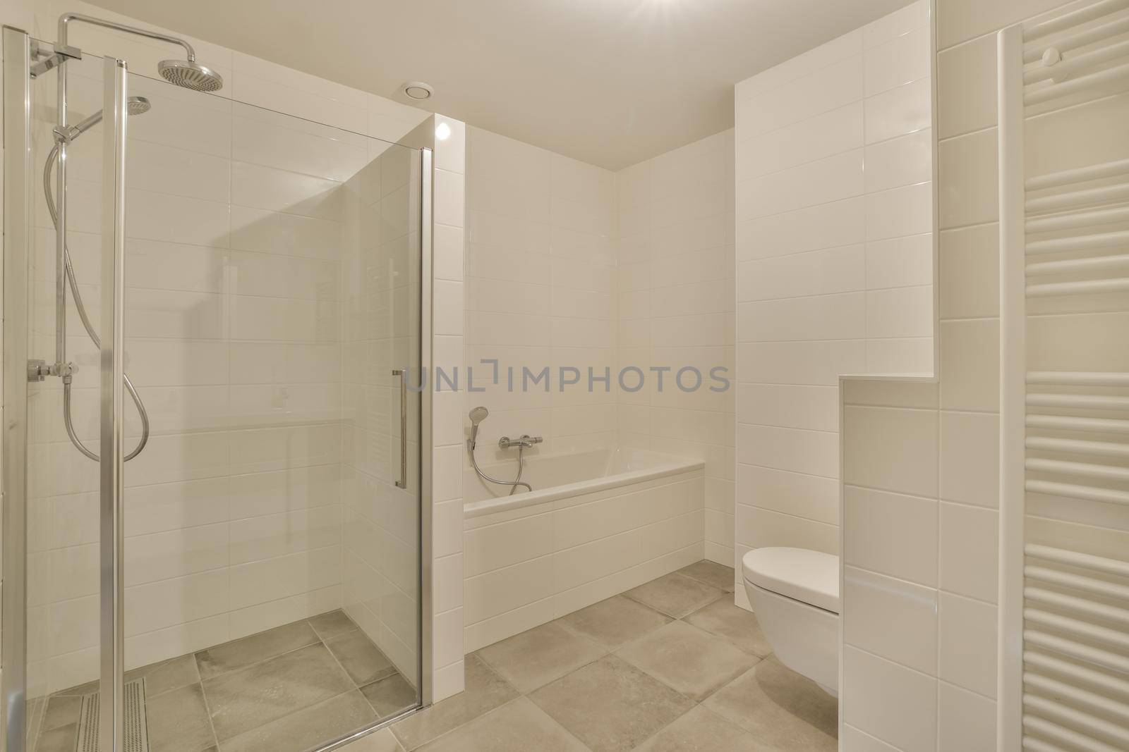 Interior of modern bathroom with shower cabin in the modern washroom