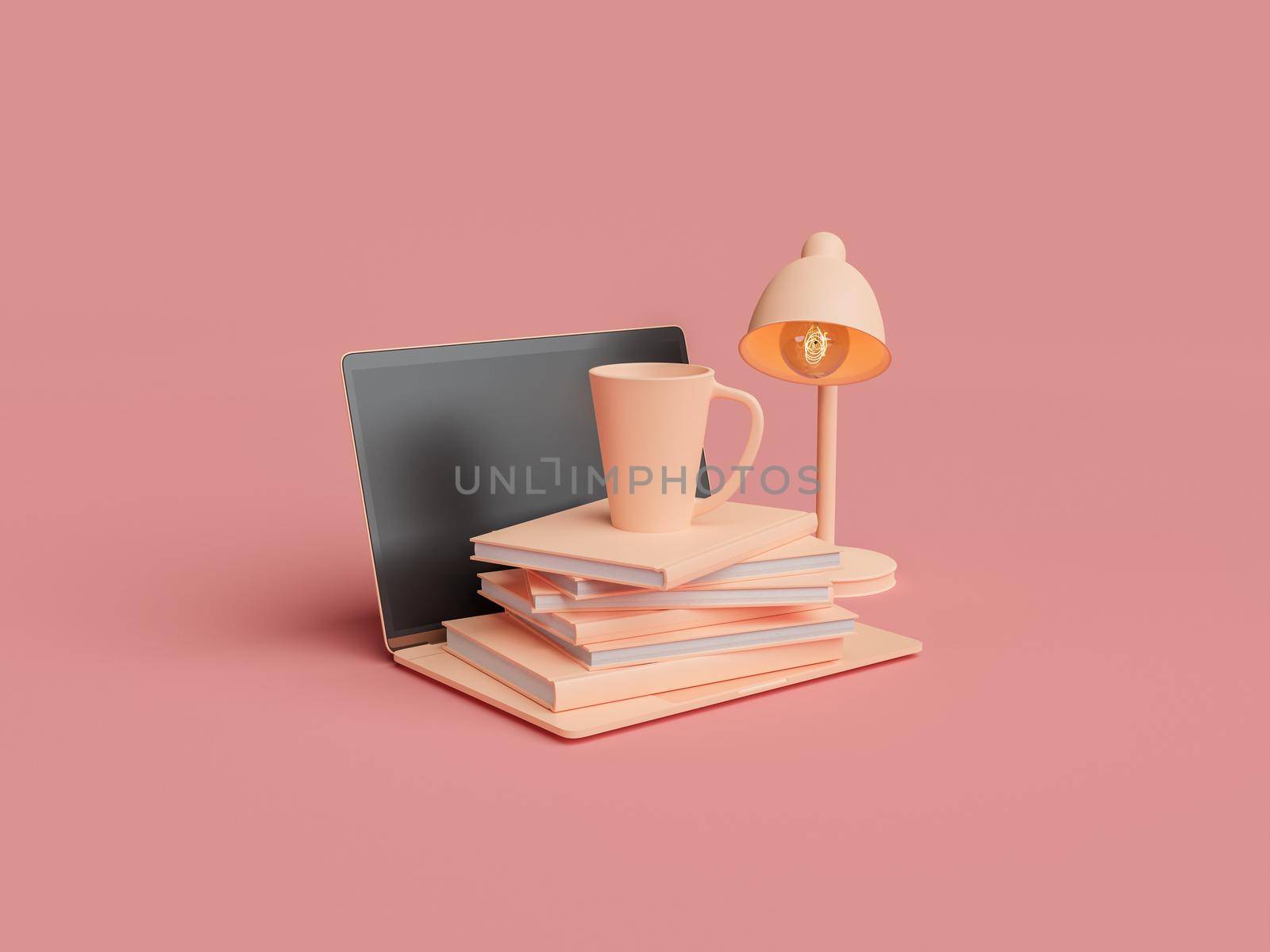 pile of books with coffee cup on top of laptop. study concept, online education, learning and work. 3d rendering