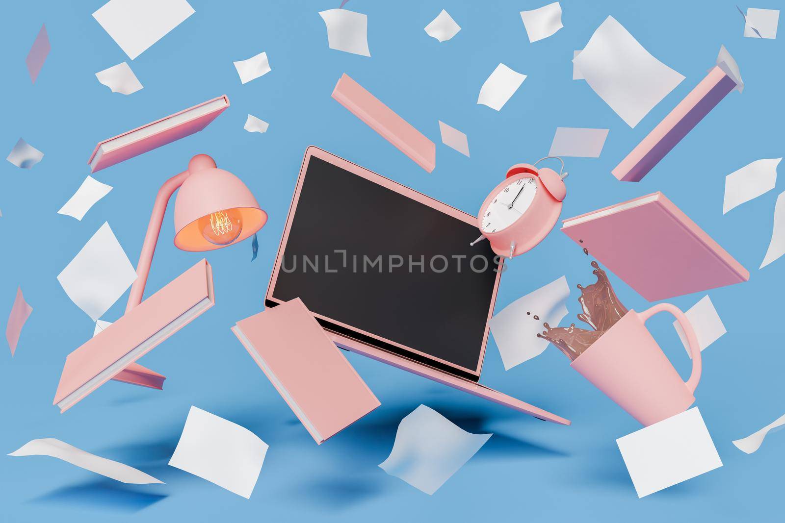 Computer Screen with books and and sheets of paper floating around. concept of study, learning, online education, work and stress. 3d rendering