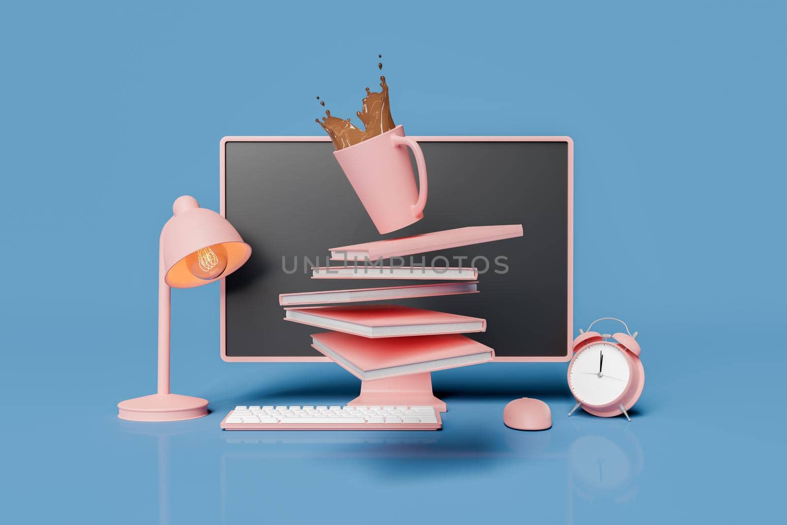 Computer Screen with books and coffee floating in front of it. concept of online education, study, computing, work and stress. 3d rendering