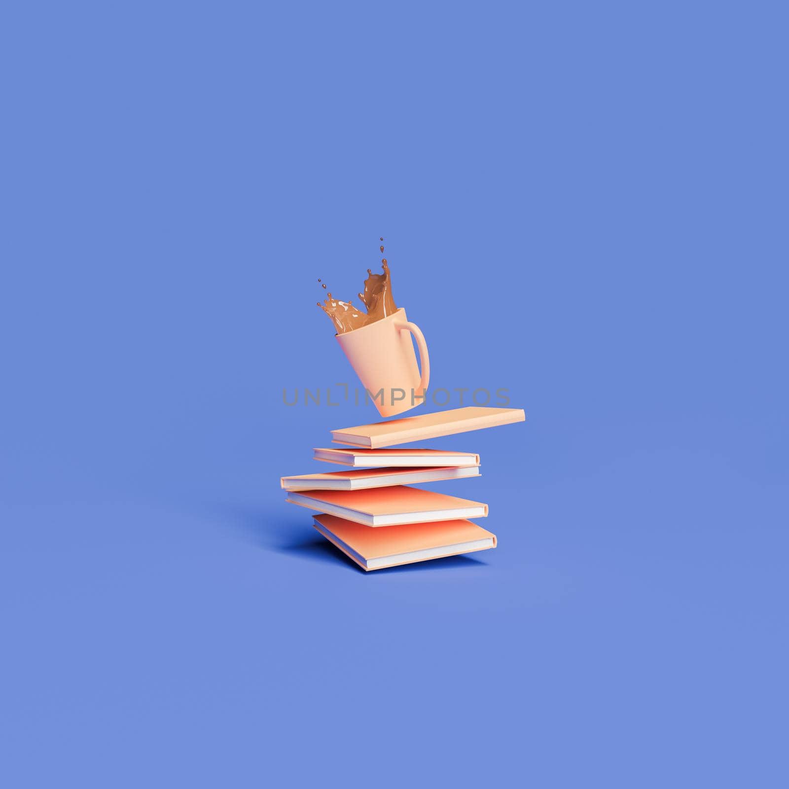 pile of cluttered books with a coffee cup splashing. minimalist concept of study, work, education and learning. 3d rendering