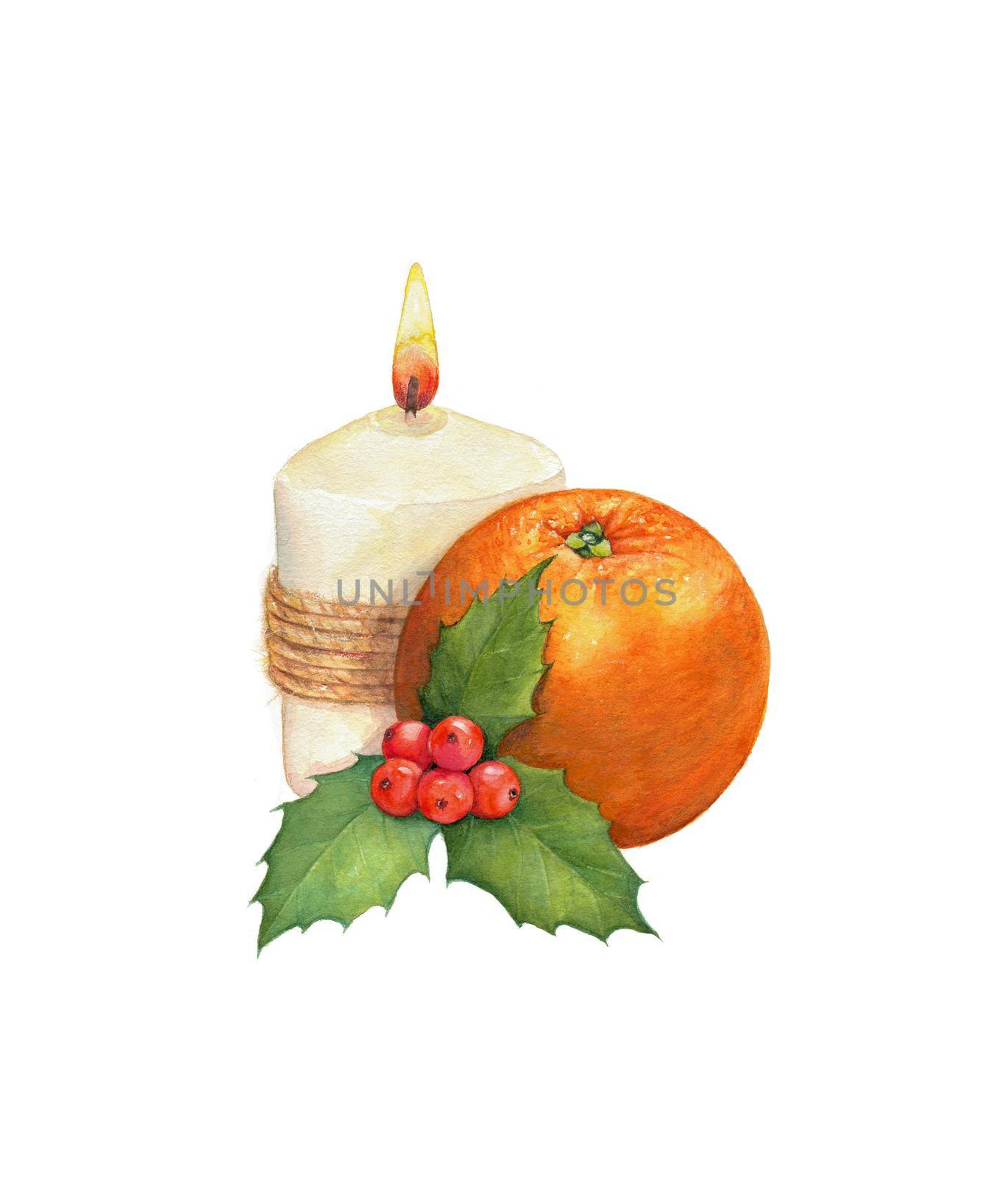 Christmas composition: candle, orange and a sprig of mistletoe. Can be used for printing greeting cards, book illustrations, etc. Christmas hand drawing watercolor illustration.