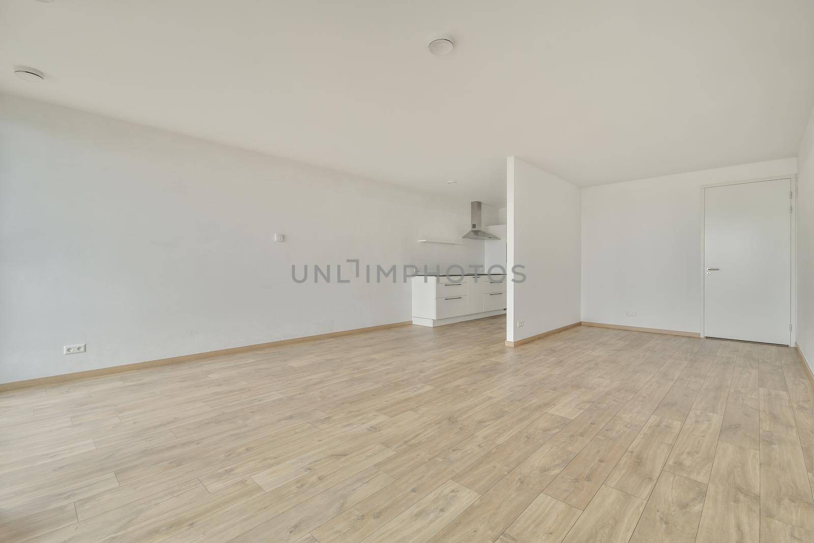 Modern room with wooden floor and white walls