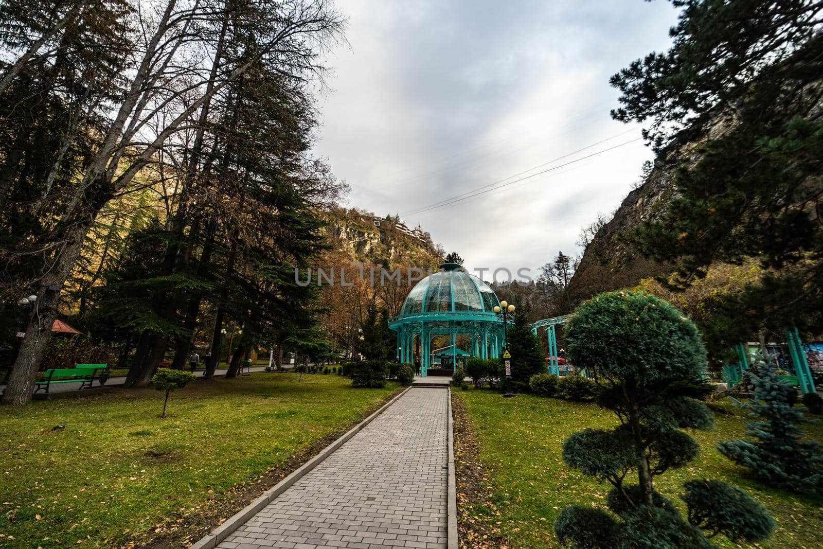 Famous mineral water spring fountain in city park of Borjomi in the mountains of Georgia