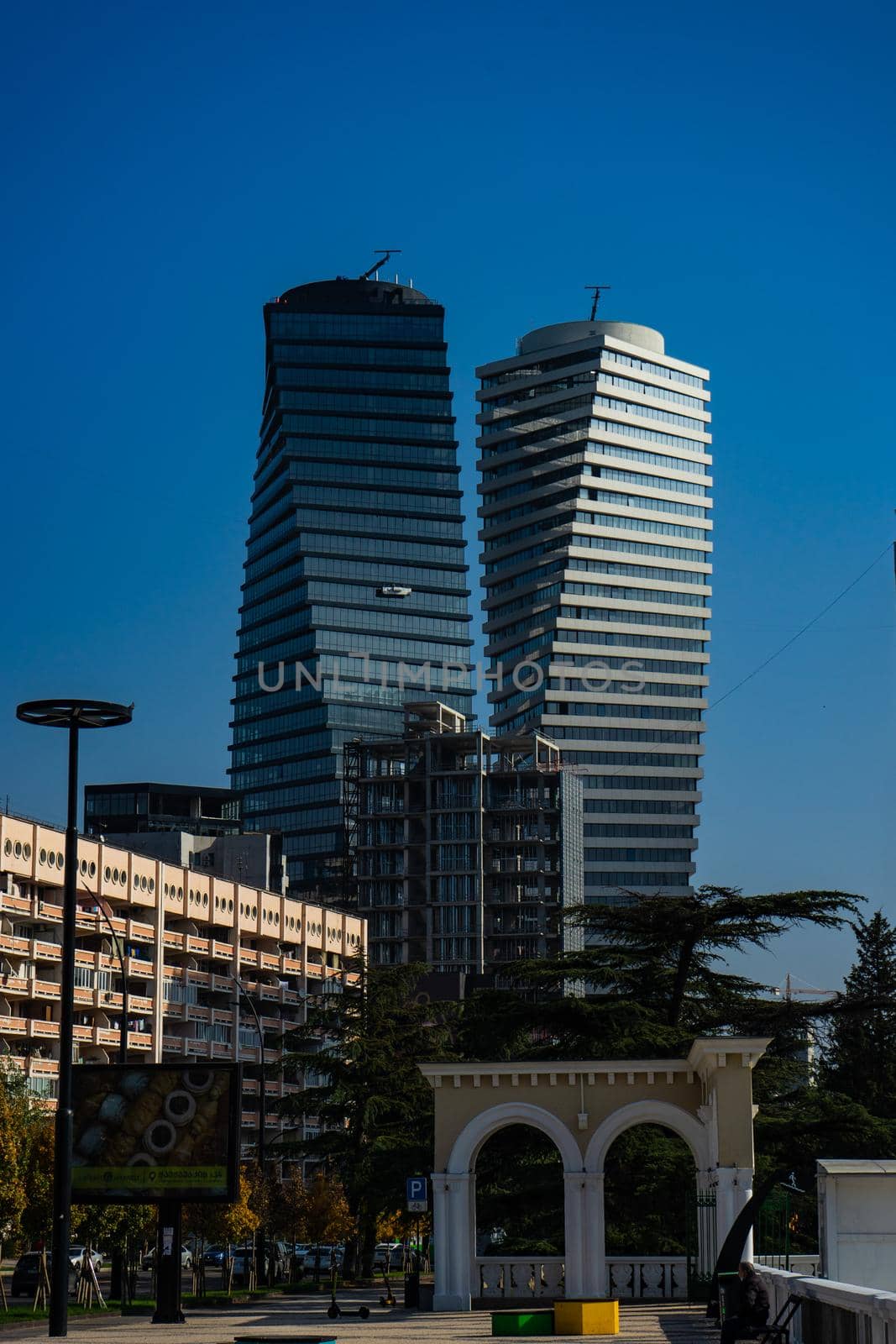 Famous spiral white and black twins building located on Chavchavadze avenue in Tbilisi's downtown Vake, Georgia