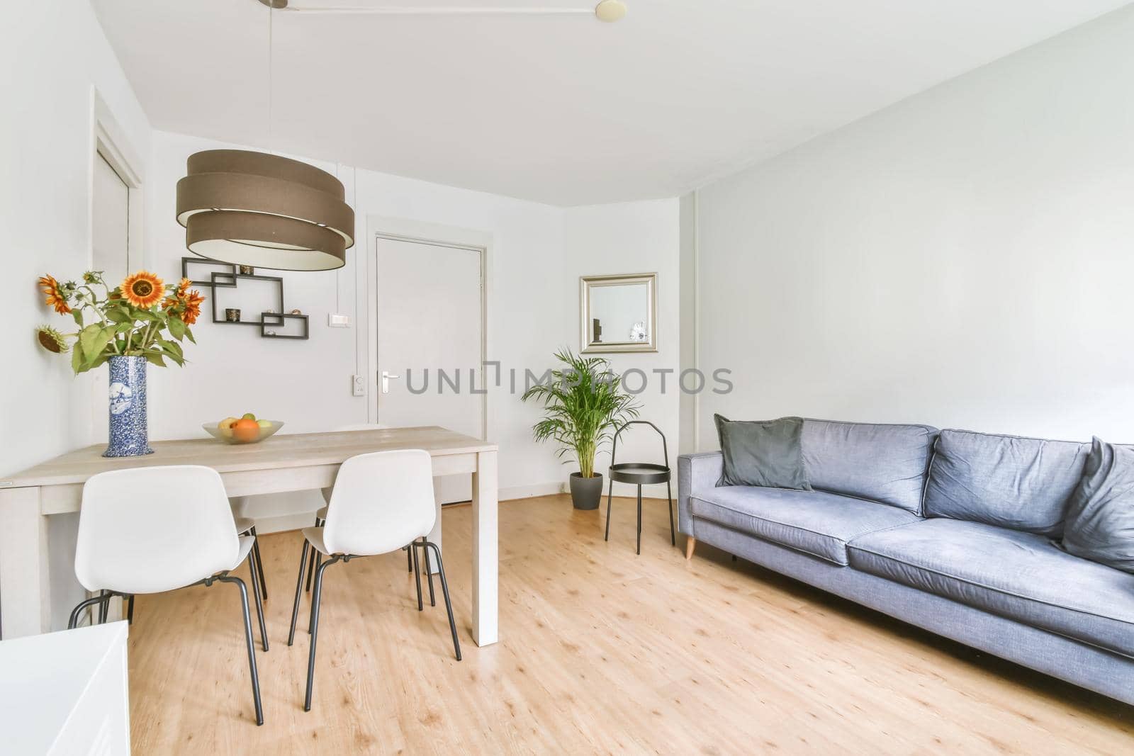 Elegantly combined living room with dining area in a minimalist style