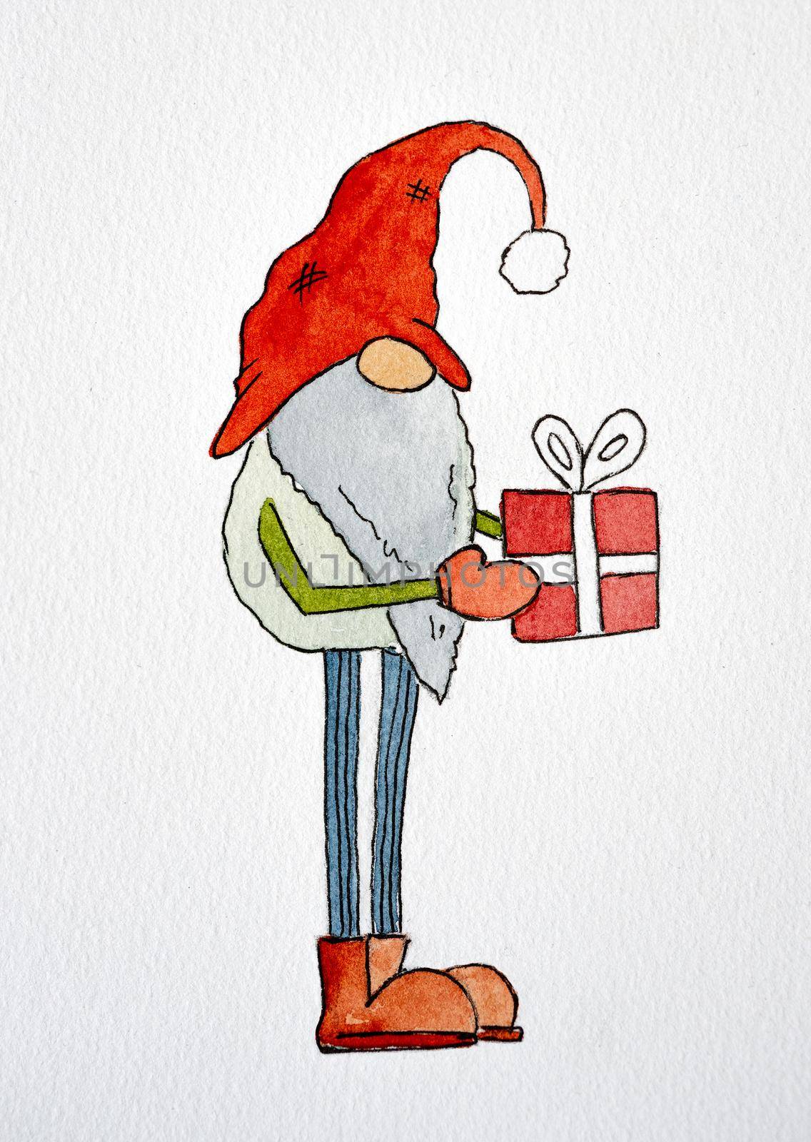 Christmas card with artistic dwarf, Santa Claus helper, holding gift painted with watercolor. New Year and Xmas holiday art drawn with aquarelle