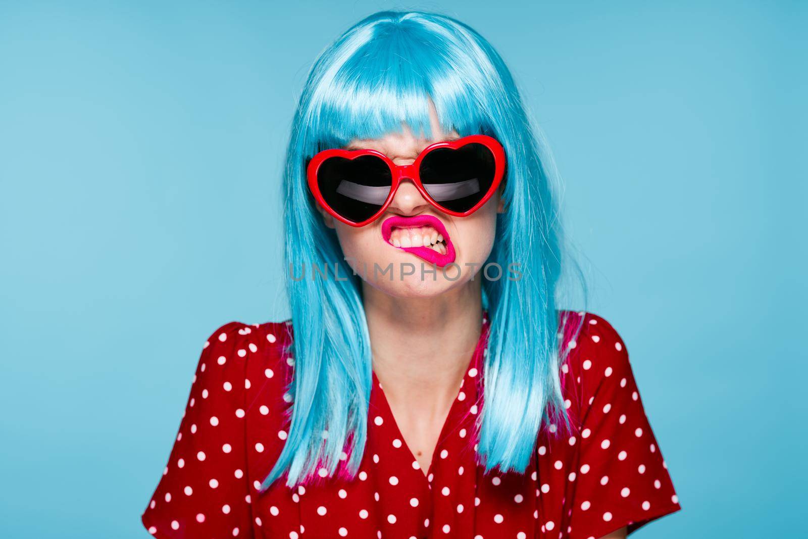 emotional woman blue wig sunglasses posing fashion by Vichizh