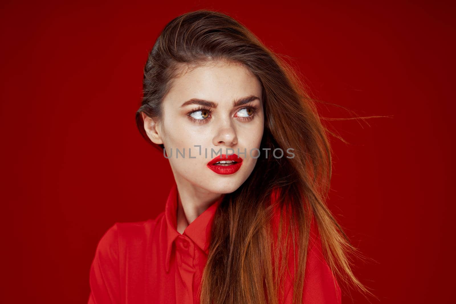 woman in red shirt posing fashion red lips fun by Vichizh