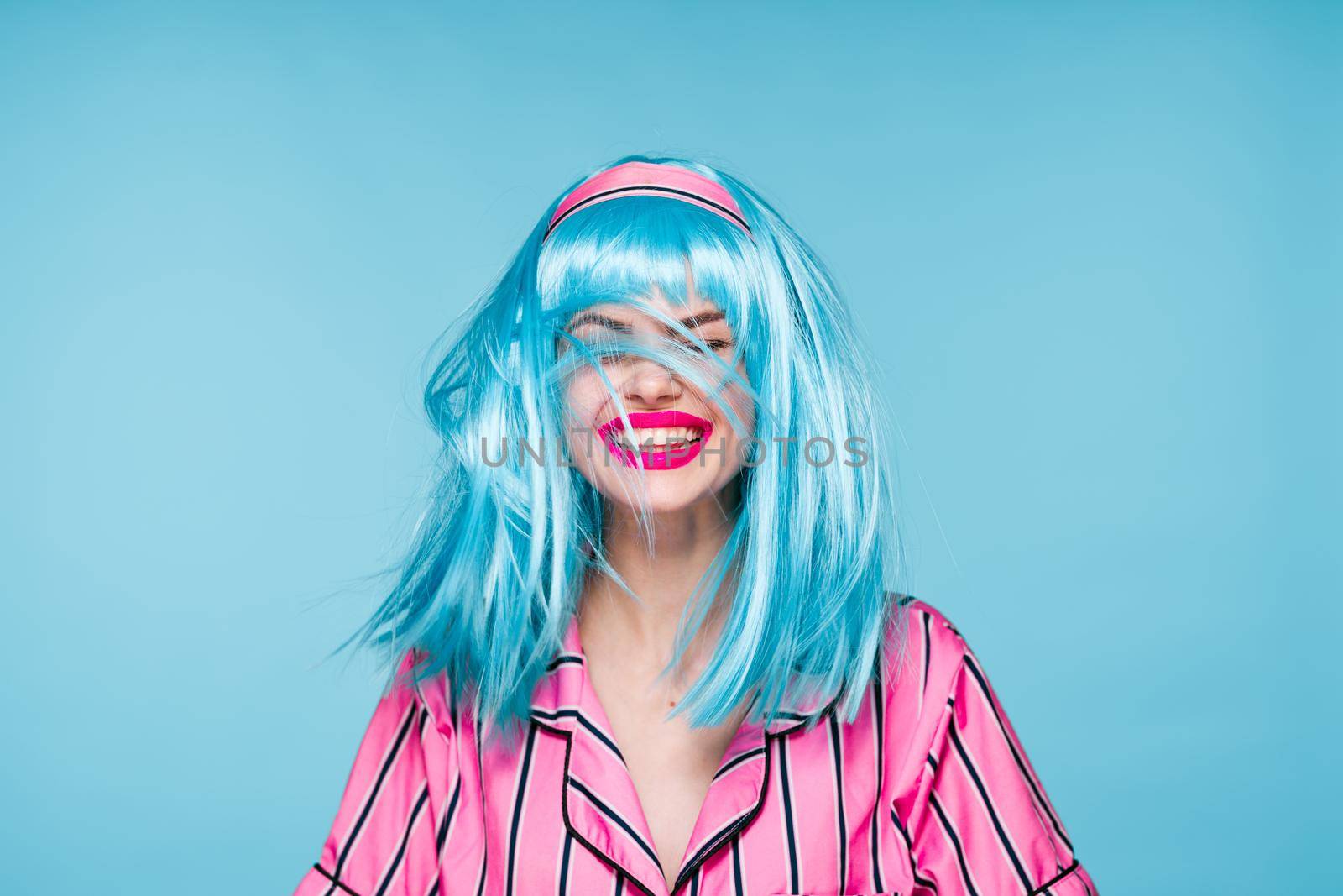 beautiful woman blue wig glamor bright makeup fun by Vichizh