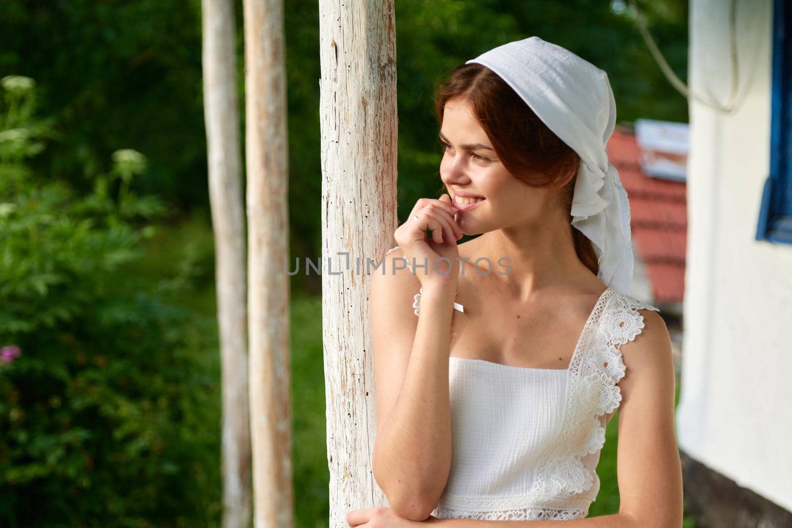 Woman in white dress countryside village nature ecology. High quality photo