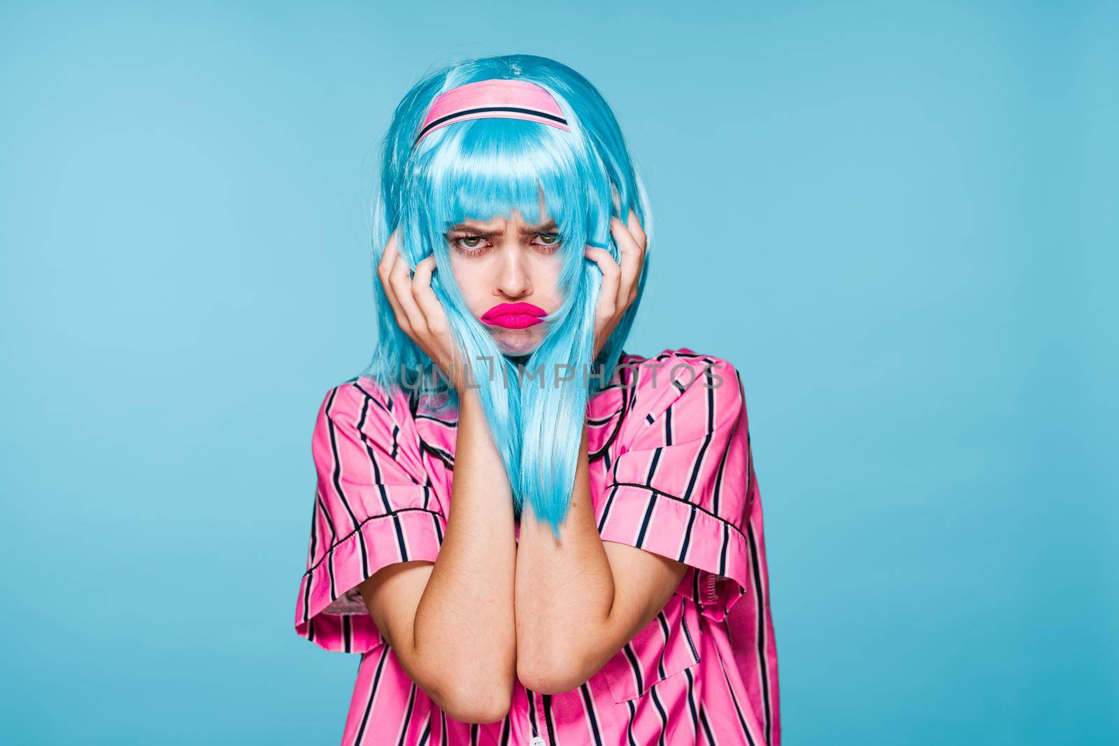 beautiful woman blue wig glamor bright makeup fun by Vichizh