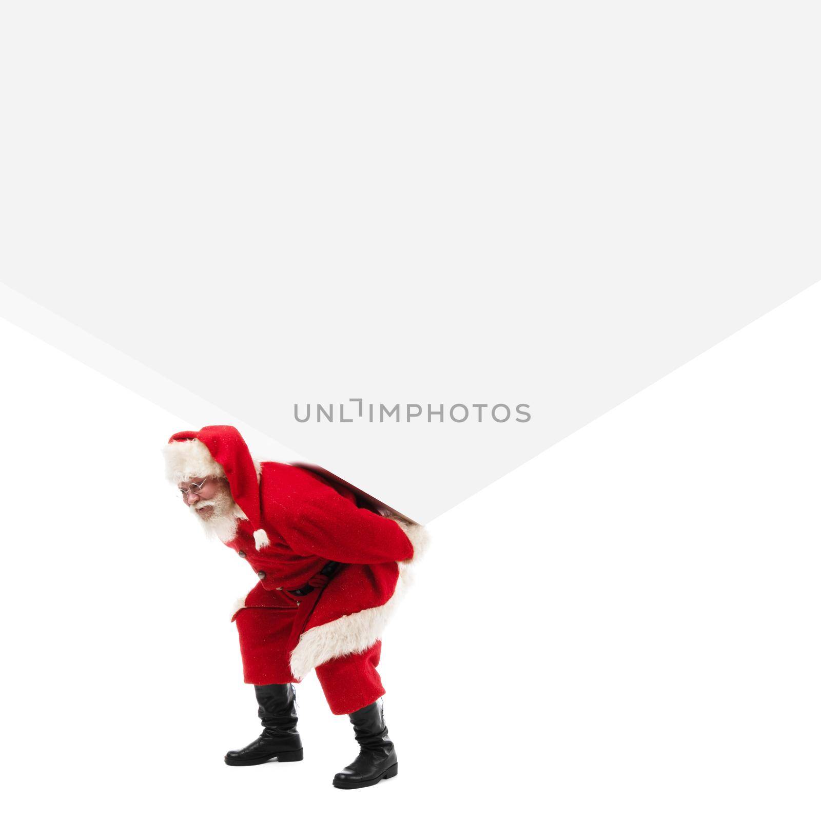 Santa Claus carrying gift box on white by ALotOfPeople