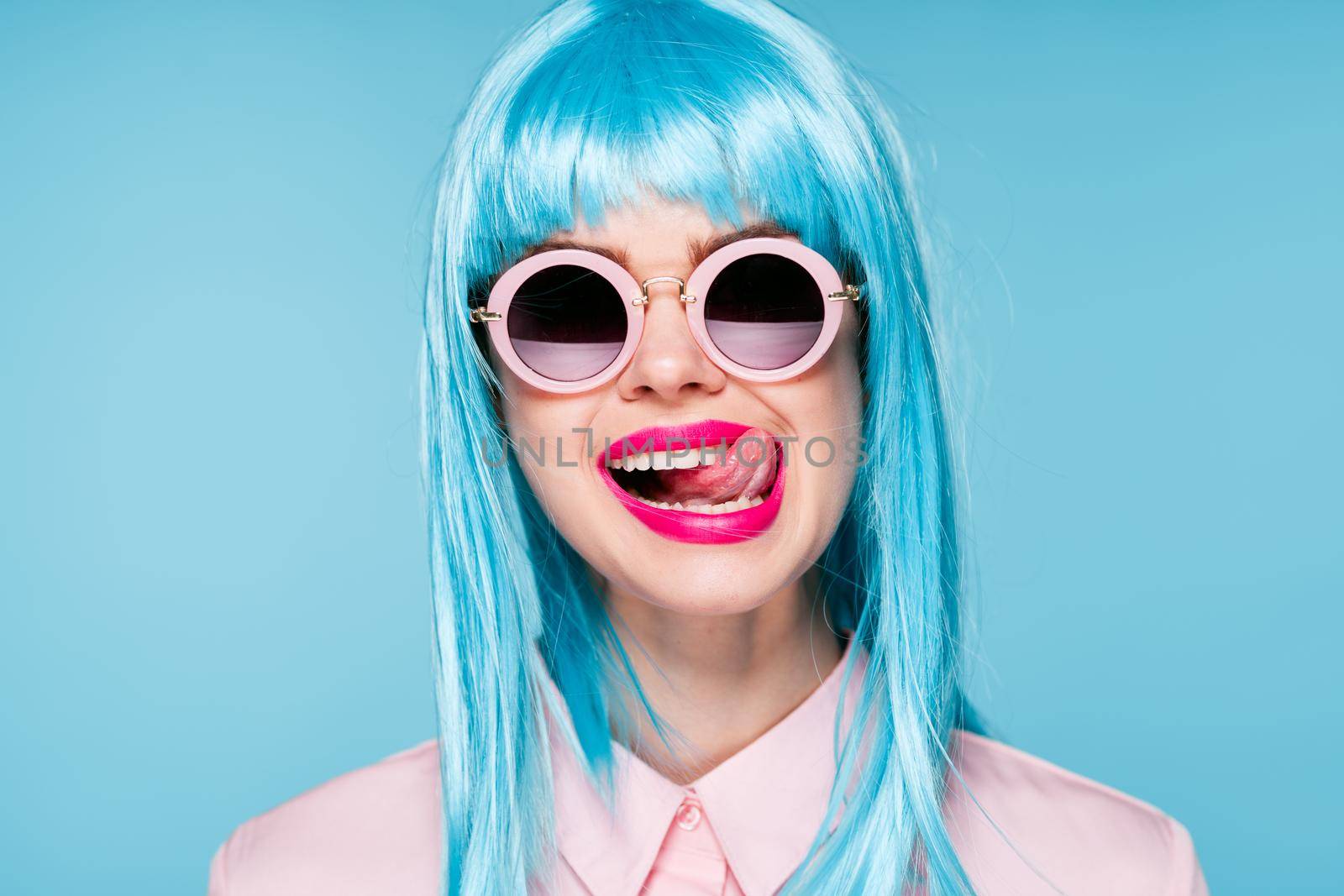 beautiful woman in blue wig sunglasses Glamor fashion by Vichizh
