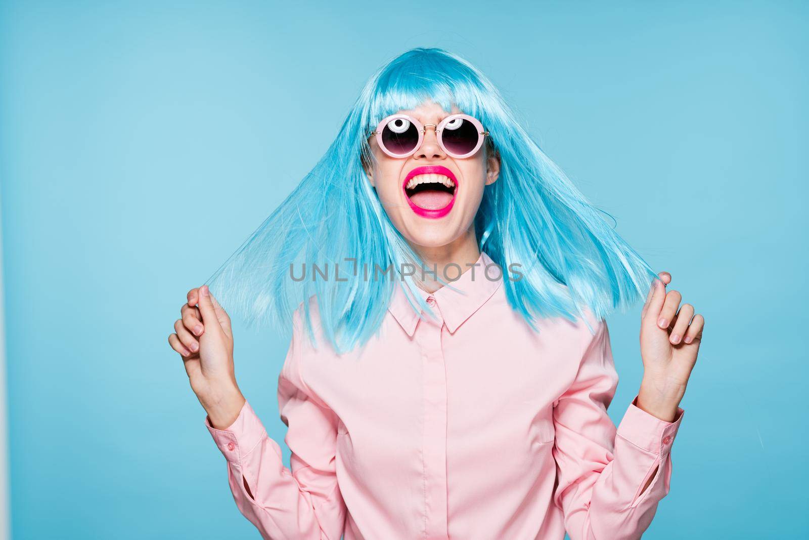 Glamorous woman blue wig makeup fashion posing by Vichizh