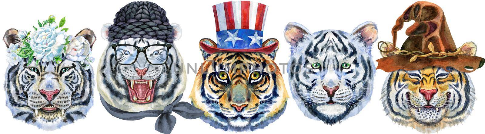 Watercolor illustration of tigers in a wreath of white peonies, winter black hat, uncle sam hat and brown witch hat