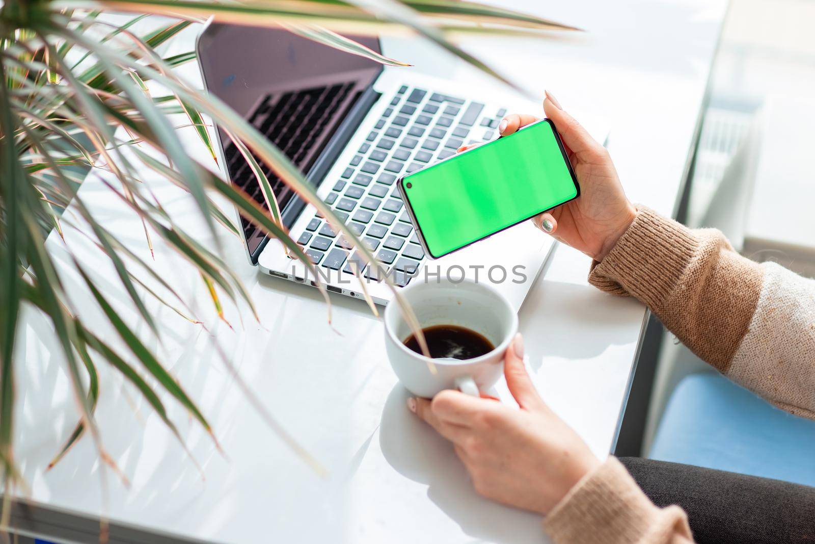 Young woman working,scrolling and checking her phone. Focus on the mobile phonechromakey, green screen on screen.