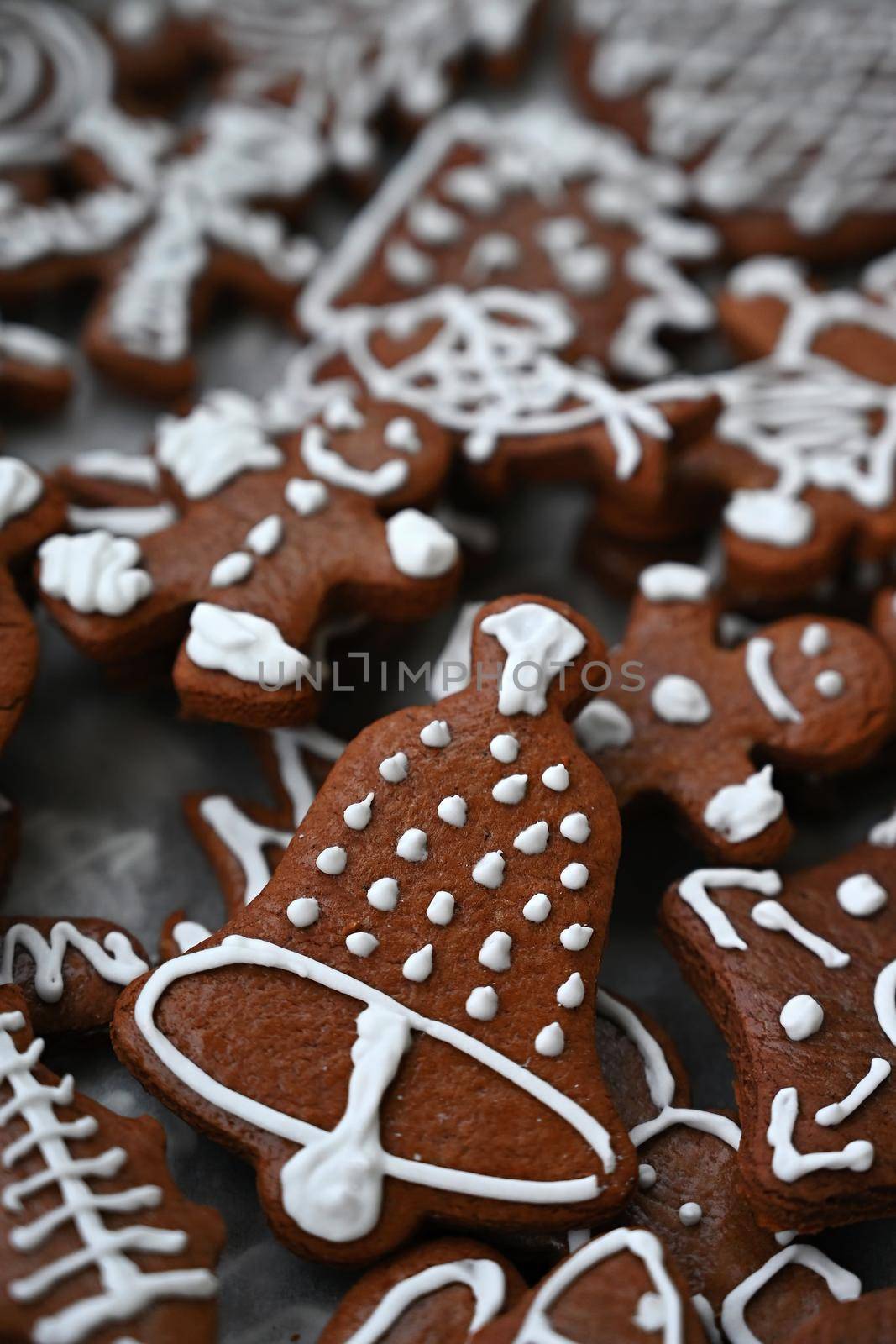 Christmas sweets. Beautiful hand decorated traditional Czech Christmas gingerbread cookies with icing.