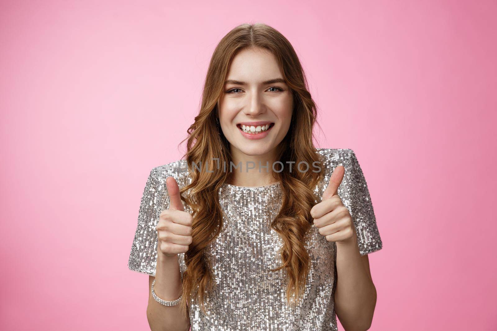Satisfied supportive attractive feminine girlfriend show thumbs-up cheering for you like approve awesome idea smiling broadly delighted, give positive affirmative answer, pink background.