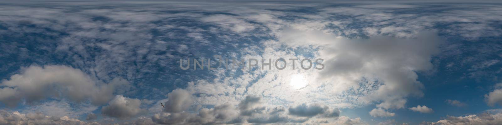 Sky panorama with Cirrus clouds in Seamless spherical equirectangular format. Full zenith for use in 3D graphics, game and editing aerial drone 360 degree panoramas for sky replacement