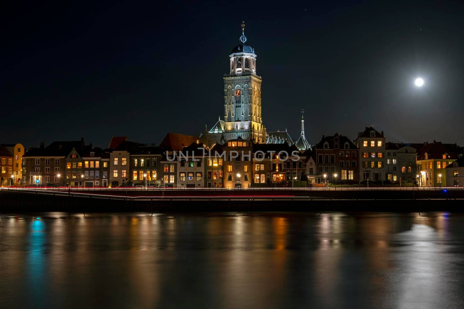 City scenic from Deventer at night with the Lebinius church in the Netherlands