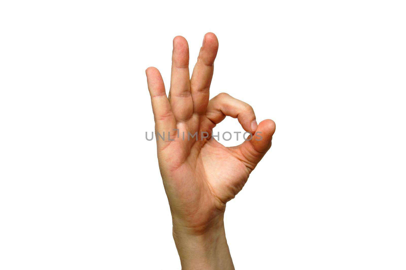 Hand ok symbol all well white, on the white isolated background of an adult
