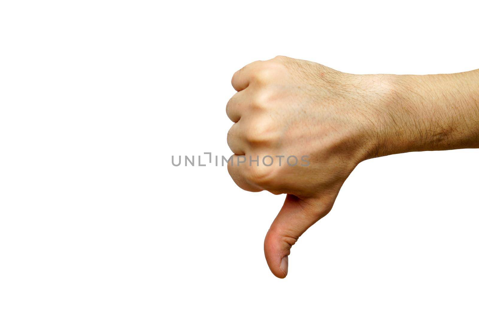Fist with finger at the bottom, the hand of a white adult male on a white isolated background. Hand isolated background communication symbol arm giving blank, holding Group gesturing, greeting