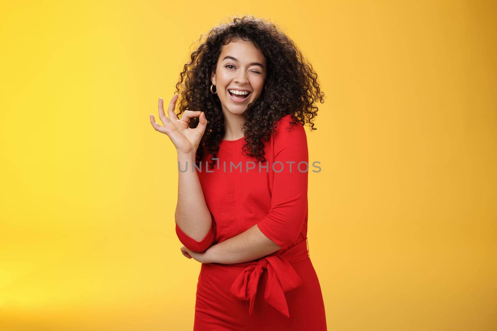Girl feeling awesome. Friendly-looking excited and upbeat charming girlfriend with curly hair in dress winking playfully and smiling as showing okay gesture having deal and things under control by Benzoix