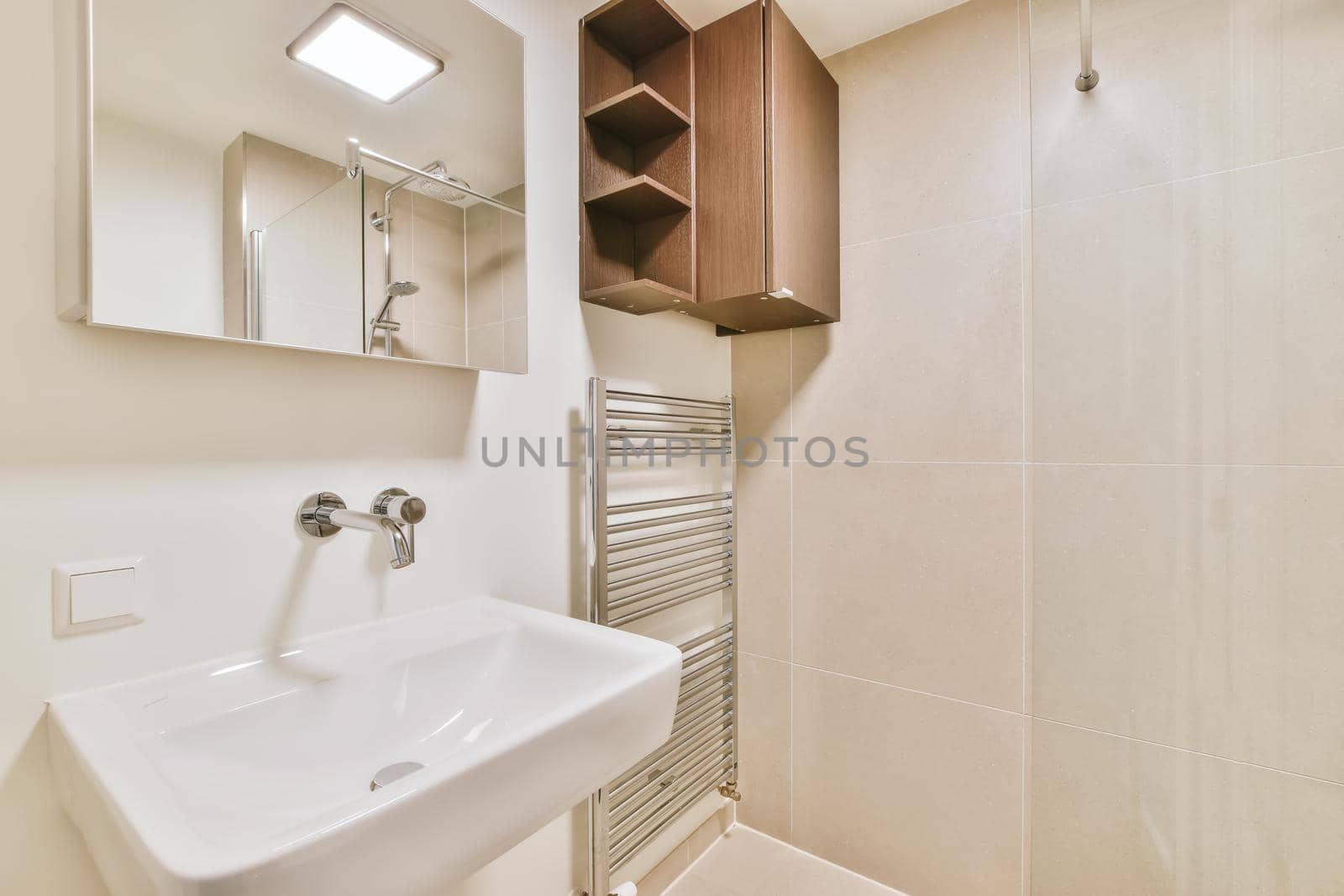 Bright stylish and comfortable bathroom design with shelves