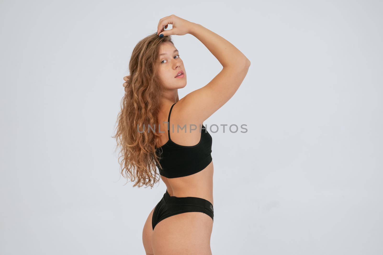 Beautiful plus size body positive brunette woman wearing comfortable underwear