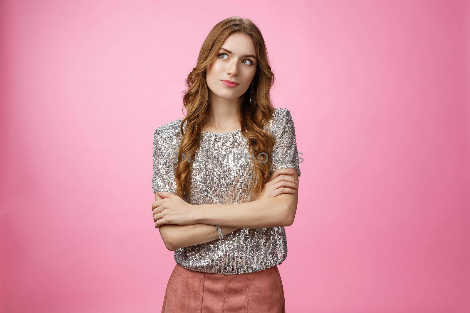 Cutiour thoughtful charming young caucasian female dress-up party night-out look up thinking dreaming, have idea consider were go, standing pleased upbeat ready have fun all night, pink background.