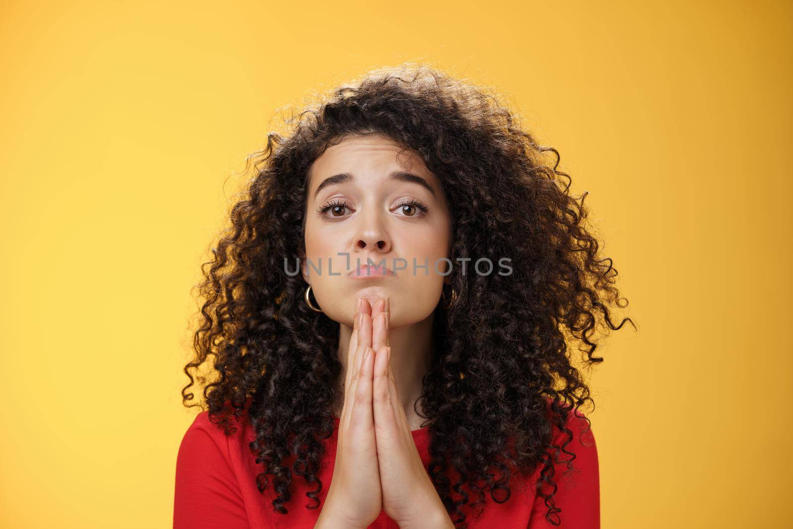 Please I beg you. Portrait of sad and cute curly-haired girl with angel eyes pouting holding hands in pray and looking hopeful at camera waiting for mercy asking apology, supplicating over yellow wall.