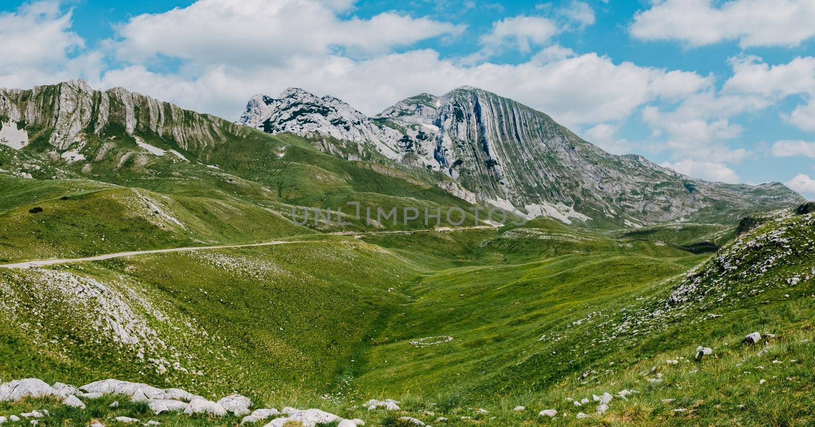 Mountain valley during sunrise. Natural summer landscape. Mountain peak green nature scenery. trail on green hill landscape