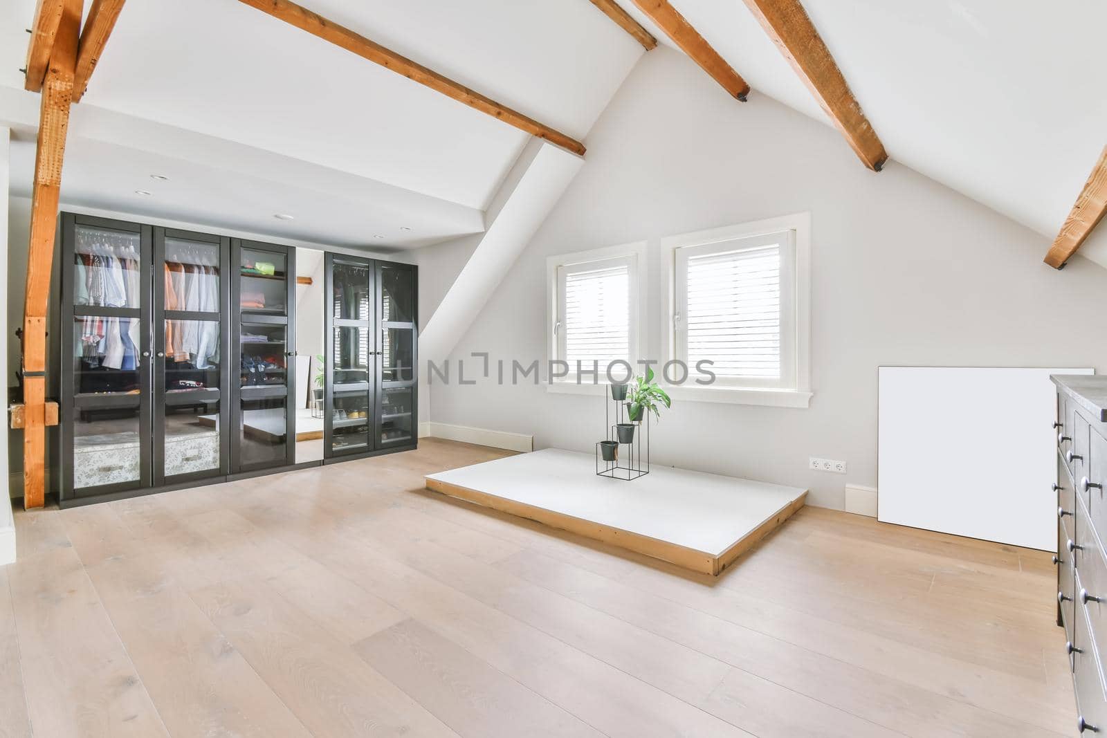 A bright room with a full-length black wardrobe