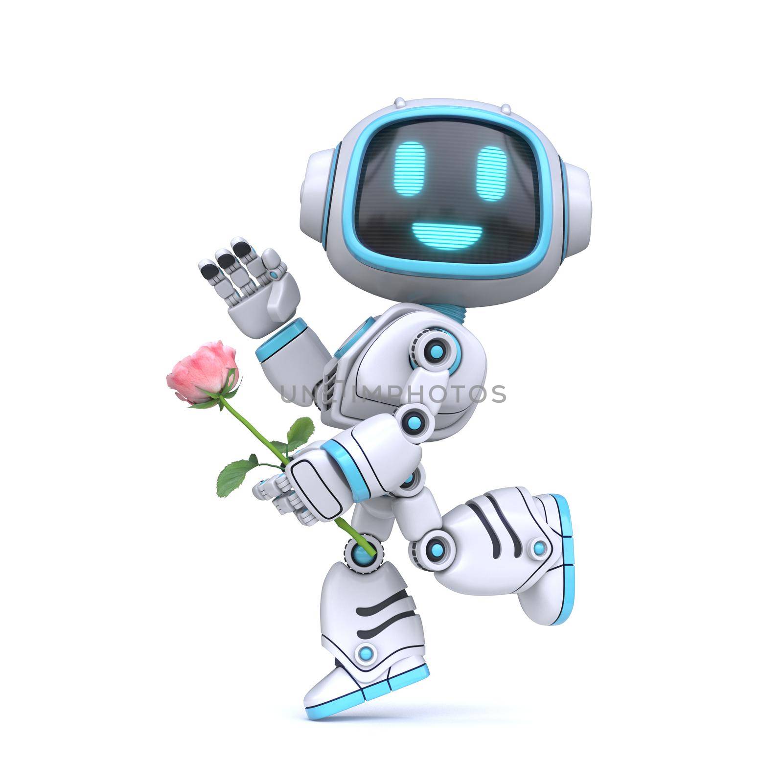 Cute blue robot in love hold rose 3D rendering illustration isolated on white background