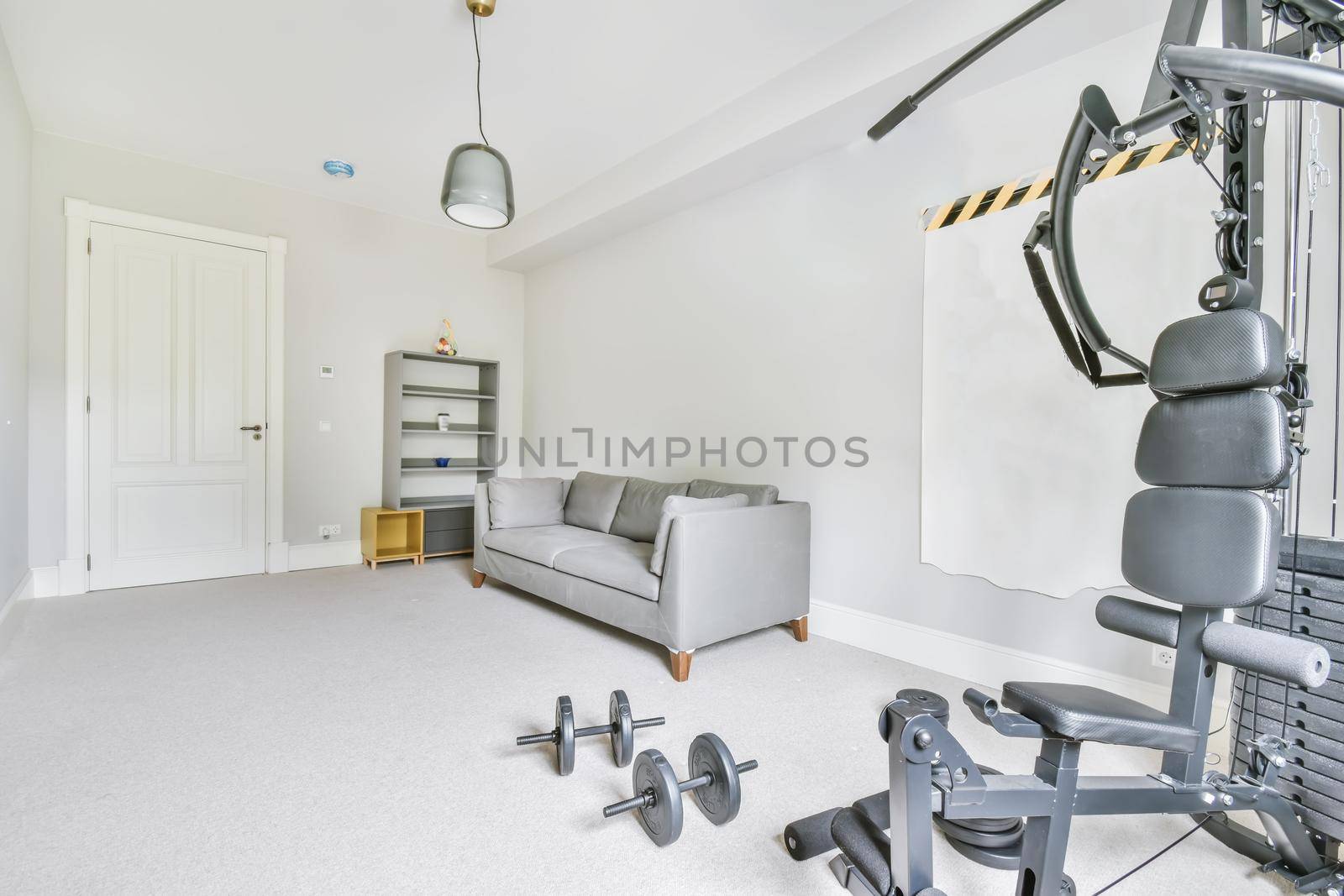 A room with a gray soft sofa and an exercise machine