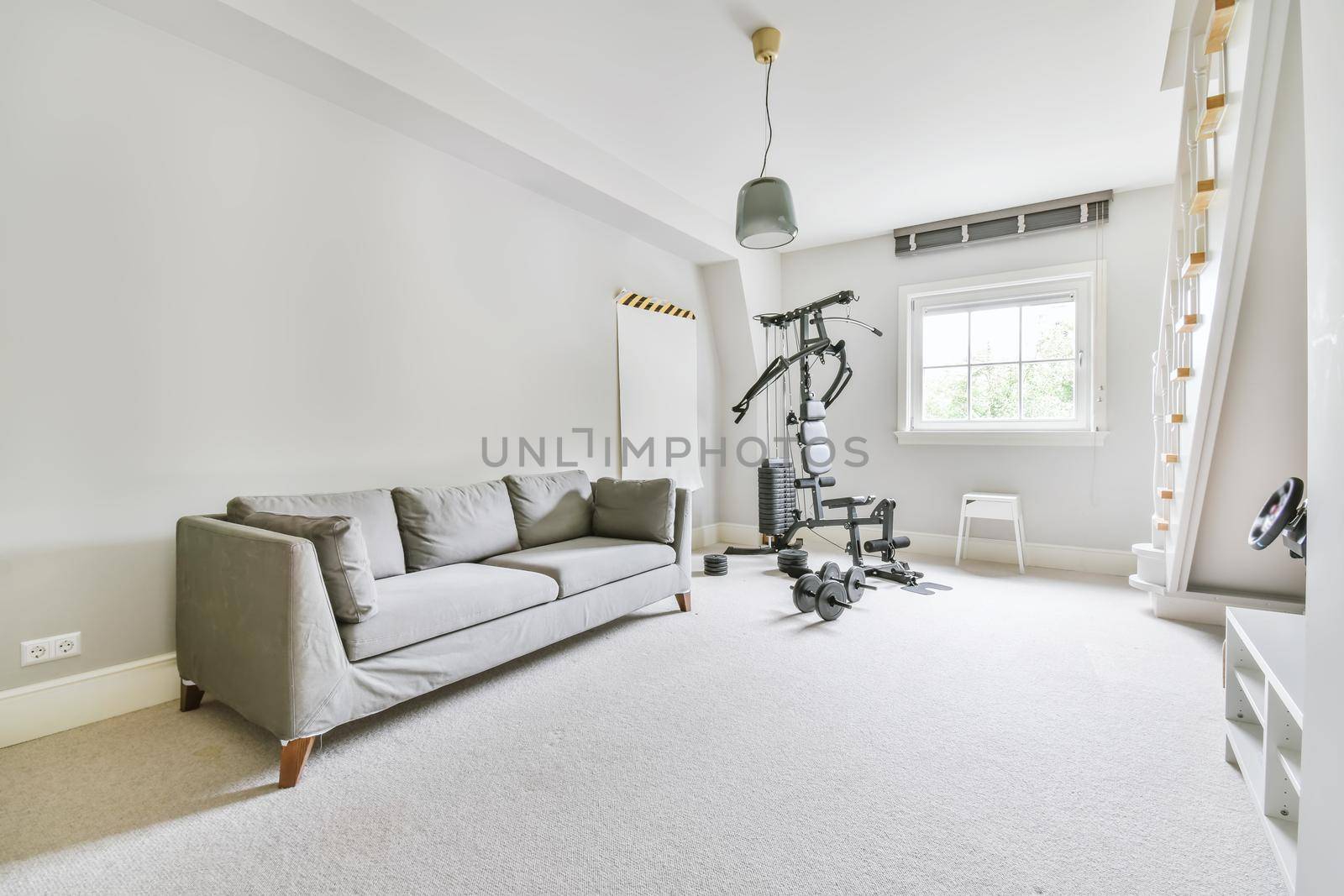 A room with a gray soft sofa and an exercise machine