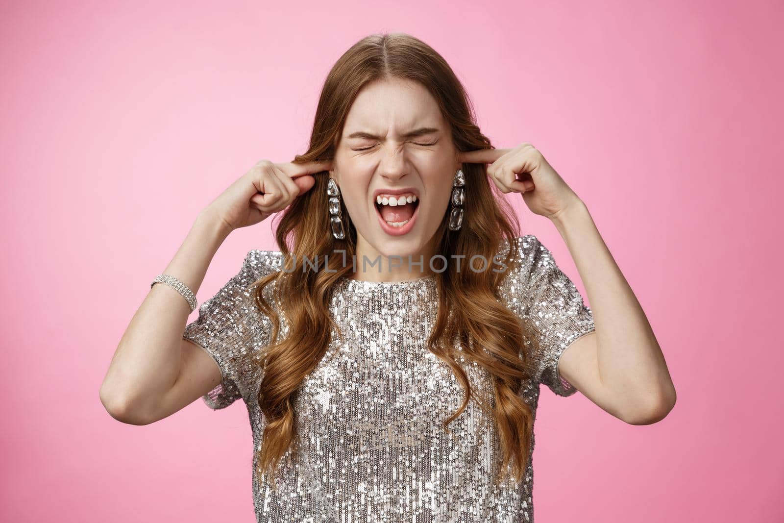 Shut up cannot stand anymore. Freaked-out glamour girl shout scream depressed loose temper close eyes yelling annoyed pissed close ears fed up hearing lies, standing pink background.