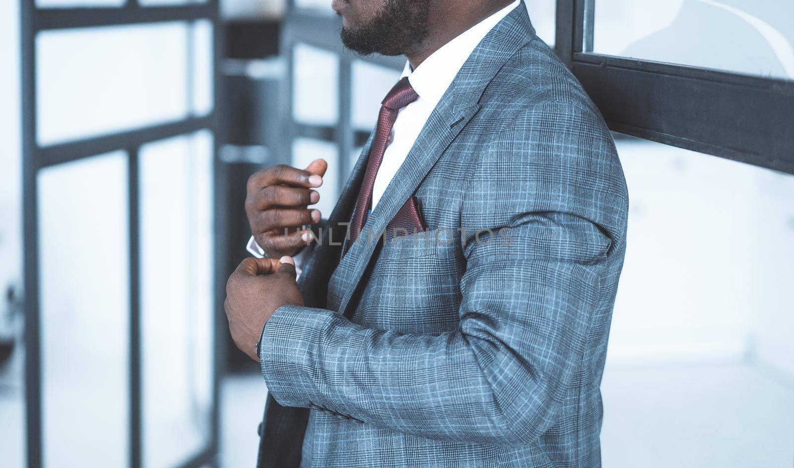 Handsome Male in Formal Plaid Suit in his Fashionable Modern Office. Business center. Close-up. Windows background by LipikStockMedia