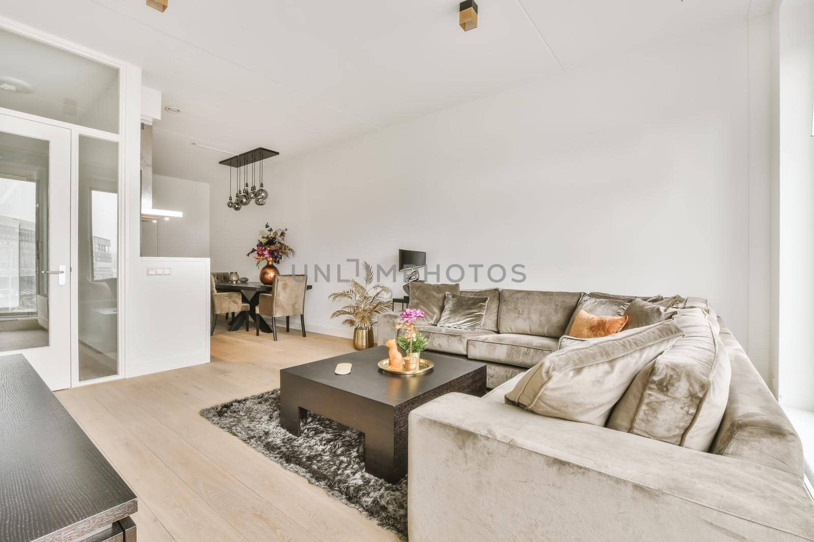 White colored living room with oriental rug furnished with gray sofa and rattan armchair