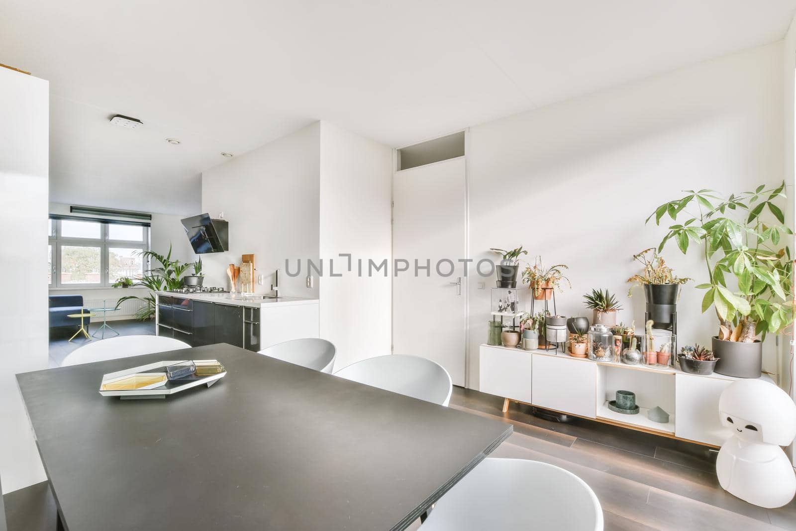 Attractive dining room with many flowers in the background