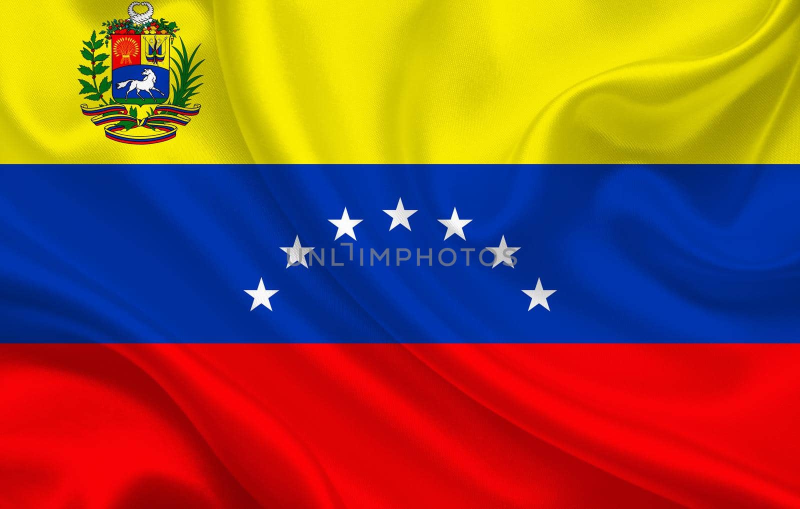 Venezuela country flag on wavy silk fabric background panorama by BEMPhoto