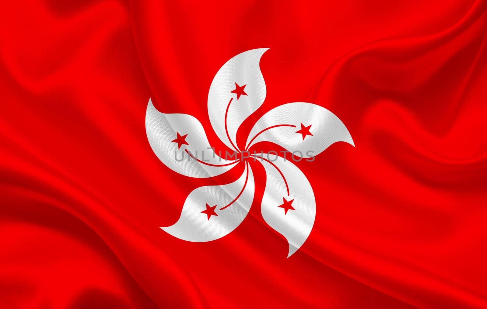 Hong Kong country flag on wavy silk fabric background panorama by BEMPhoto