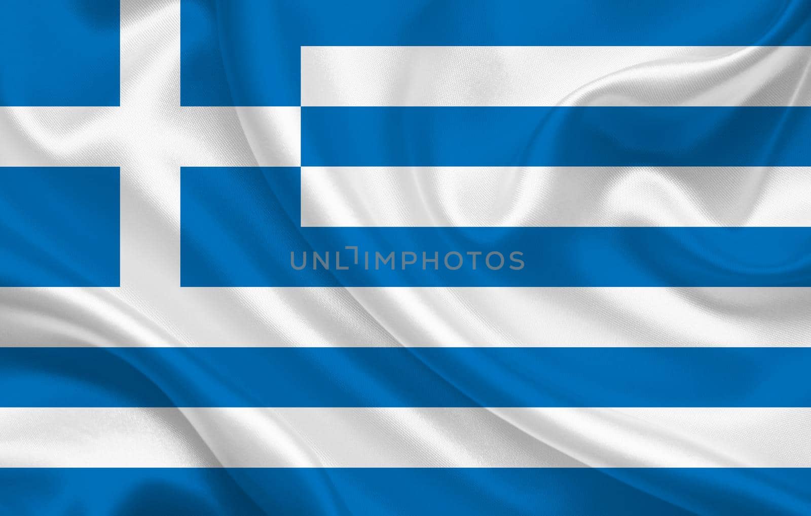 Greece flag on wavy silk fabric background panorama by BEMPhoto