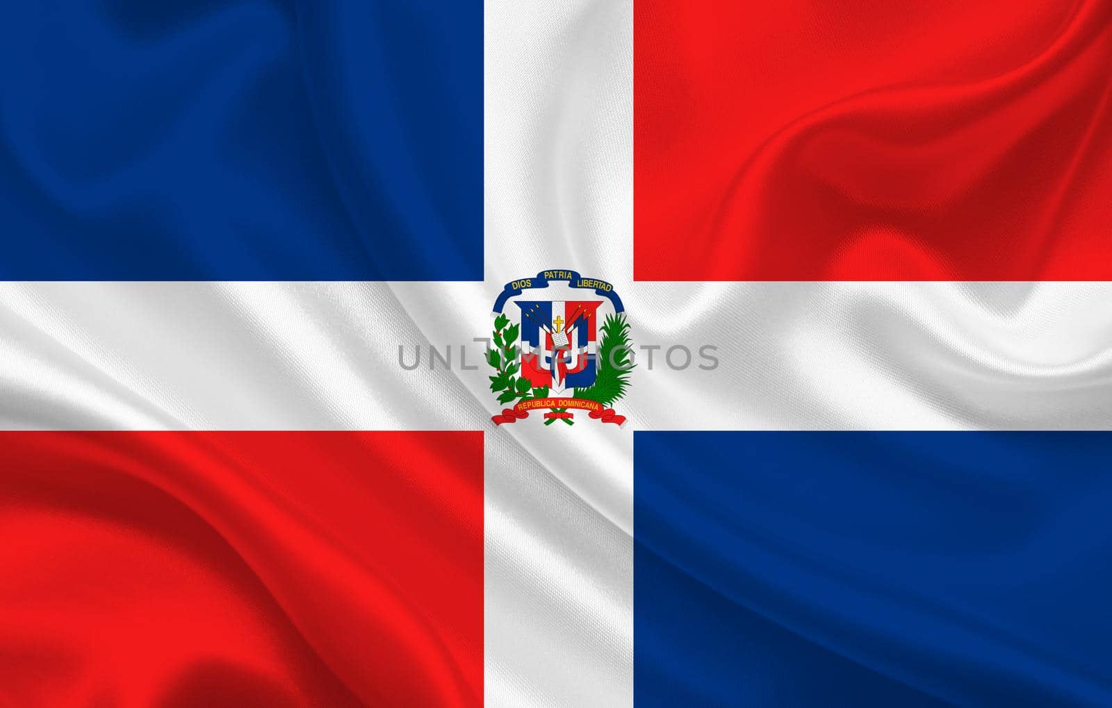 Flag of the country Dominican Republic on a background of wavy silk fabric panorama by BEMPhoto